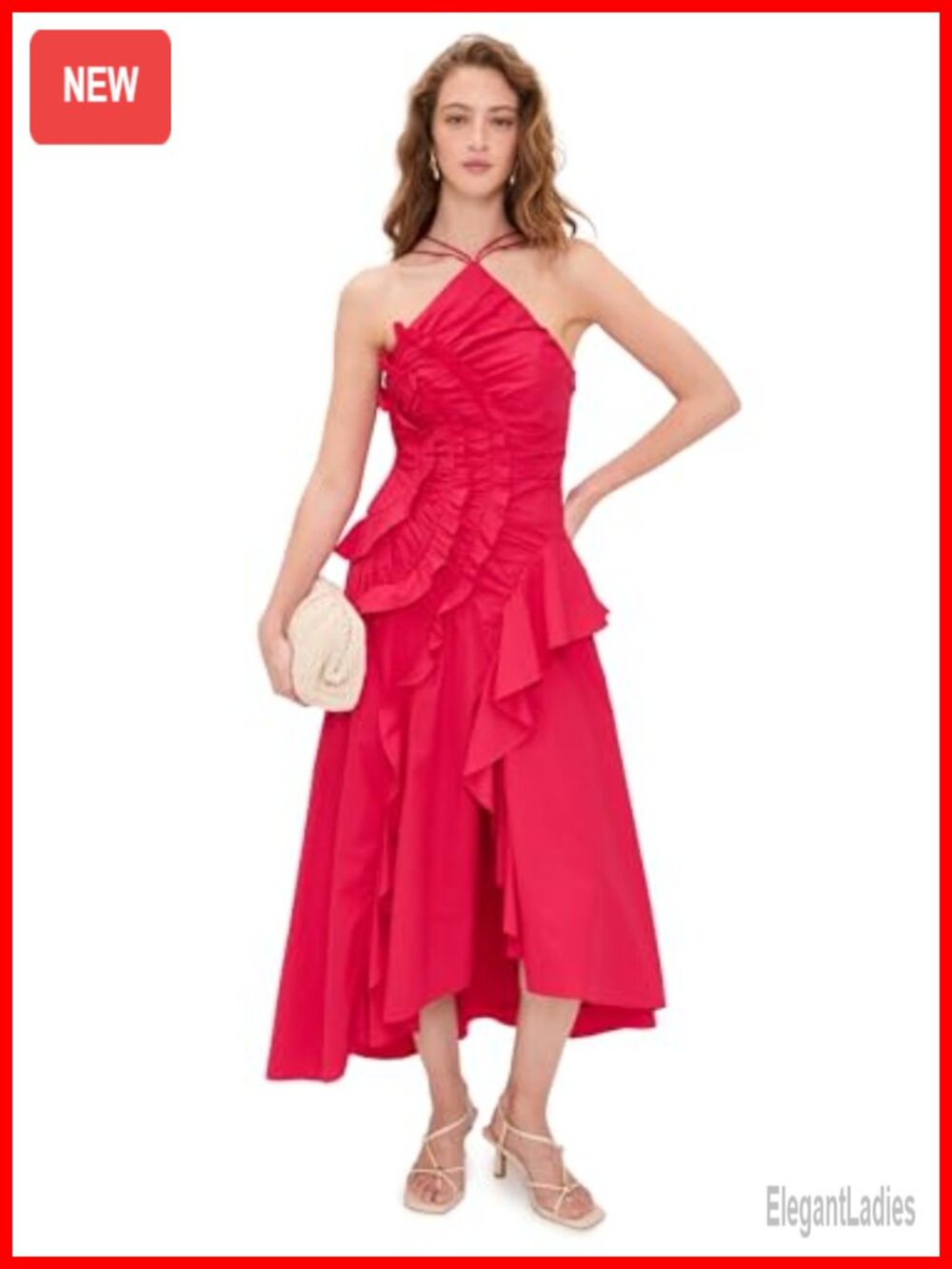 AMUR Ottavia Ruffle Midi Dress Halter Neck Evening Party